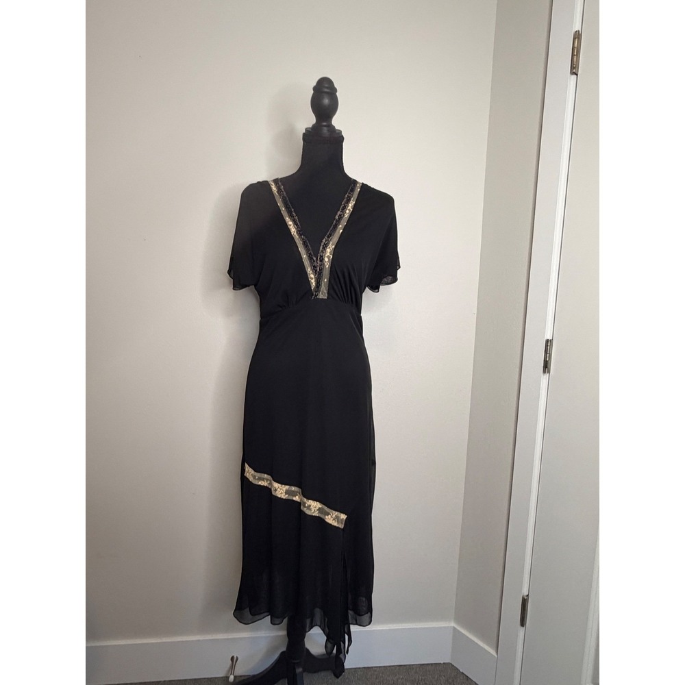 Vintage Renee Bardot Black Gold Lace V-Neck Midi Dress Handkerchief Hem Womens M